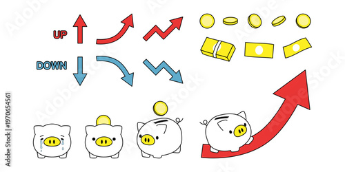 お金と貯金箱のイラストセット（上昇・下降・投資・資産形成） 線画