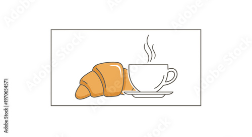 Fresh Croissant and Steaming Coffee Cup on Saucer, Breakfast Icon