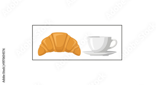 Fresh Croissant and White Coffee Cup with Saucer - Delicious Breakfast Pastry and Hot Beverage