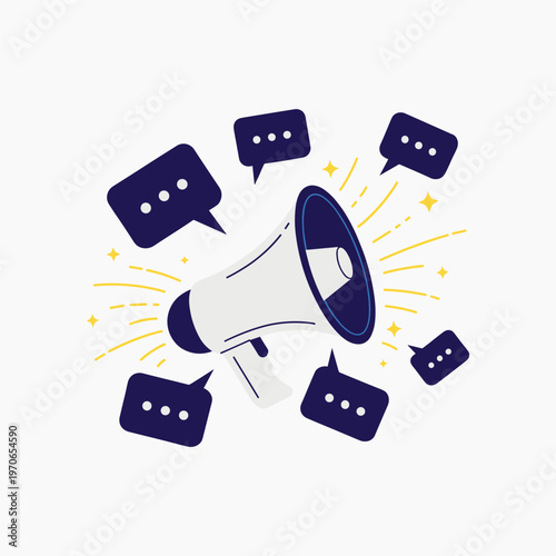 Communication network illustration a megaphone broadcasting messages to multiple speech bubbles representing outreach