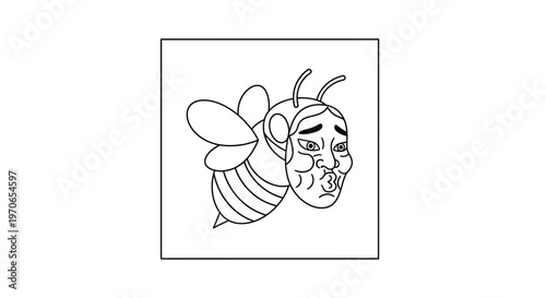 Funny Bee Character with Human Face and Kissing Lips, Cartoon Style
