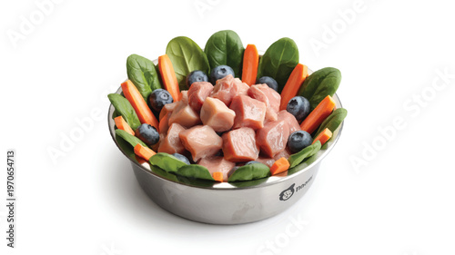 Fresh vegetables and fruits served in a stainless steel bowl on a table