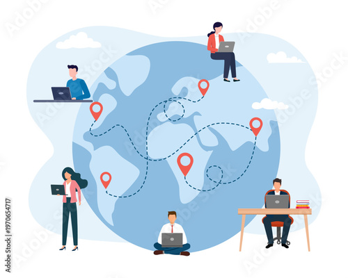 Work outsourcing and telecommuting concept. Business process outsourcing, outplacement, offshore software development, freelance job, and recruitment company.