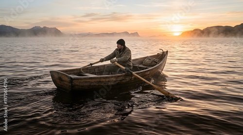 person rowing a small wooden boat across a calm ocean 