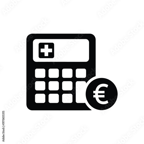 Healthcare calculator euro icon vector illustration black silhouette of medical cost estimator with cross symbol and currency coin for hospital billing insurance and finance management.