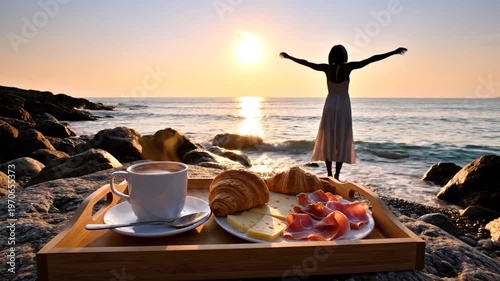 A person enjoys a delightful breakfast of coffee, croissants and cheese by the ocean at sunrise, with gentle waves lapping the shore