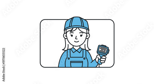 Female technician in blue uniform and hard hat holding a device, illustration