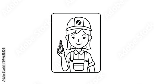 Female worker in hard hat and overalls holding a spark plug, line art illustration