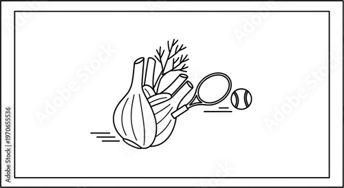 Fennel Bulb and Tennis Racket with Ball, Minimalist Line Art