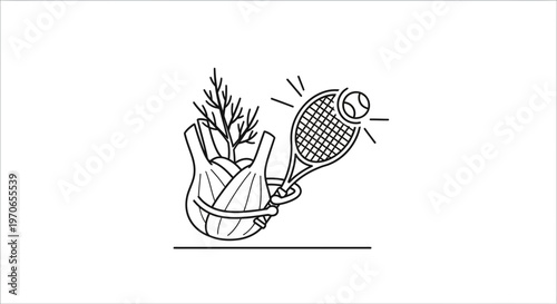 Fennel Bulb and Tennis Racket with Ball, Healthy Lifestyle and Sports Concept