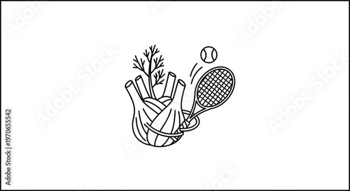 Fennel Bulb with Tennis Racquet and Ball, Healthy Food and Sports Concept