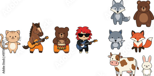 Cute Animal Music Band Cartoon Character Set with Cat Horse Bear Guitarist and Farm Wild Animals Vector Illustration Collection for Kids Design