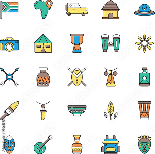 Vibrant icons showcase various African cultural symbols and travel landmarks in a lively illustration.