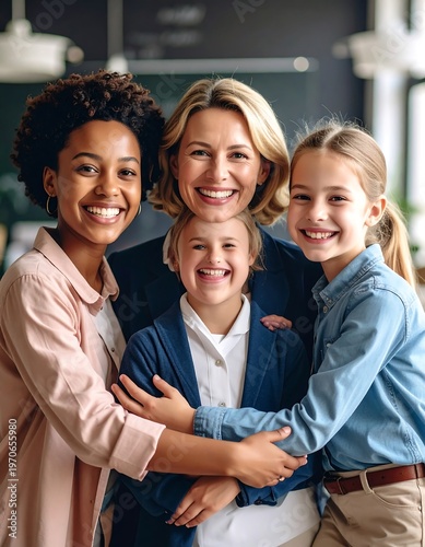 Four people, likely a teacher and students, embrace warmly.  Smiling faces, diverse ethnicities.  Casual, friendly atmosphere