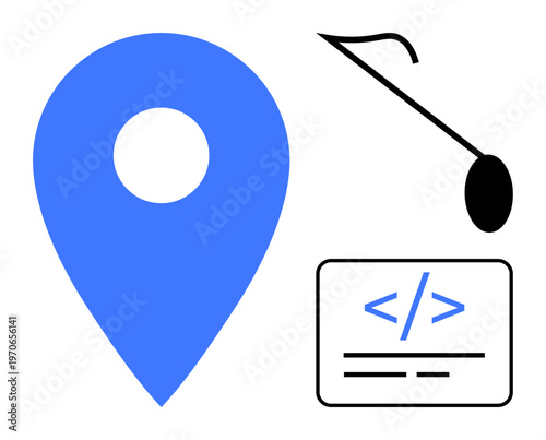 Navigation, coding, business signage, location-based services, technological applications, digital tools. Blue location pin, hanging sign and coding symbol. Navigation and coding concept