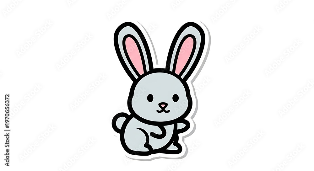 Obraz premium A cute white bunny character with pink ears and a festive bow sits isolated on white as a happy Easter illustration featuring a baby rabbit and holiday eggs in a fun vector art drawing