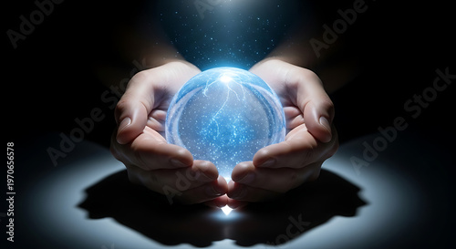 Hands holding a glowing magical crystal ball with energy sparks