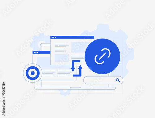 Link building strategy, backlinks with domain authority growth and SEO ranking optimization through referral traffic and external linking, search visibility and website performance vector illustration