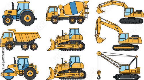 Collection of construction machinery vehicles including excavator bulldozer crane truck tractor and loader isolated vector illustration for industrial engineering building equipment design use