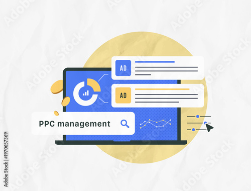 PPC management optimizes digital advertising campaigns, search ads, performance tracking, ppc budget control, AI-powered 2026 trends, pay per click marketing strategy concept vector illustration