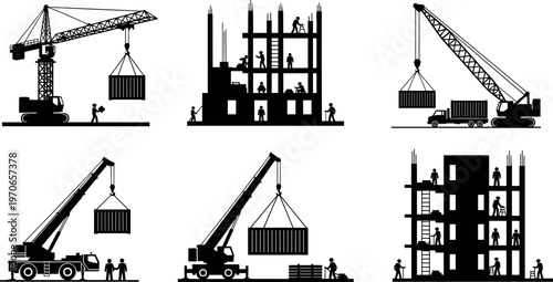 Construction workers and crane operations silhouettes showing building process heavy lifting industrial site activity vector illustration for engineering architecture and construction industry design
