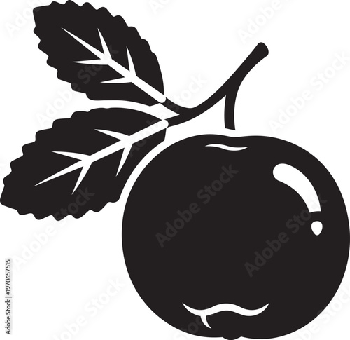 Black and white silhouette of an apple with leaves on a stem simple vector graphic for food and health concepts isolated on white
