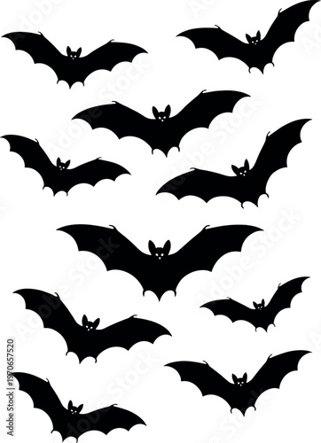 Flying bat silhouettes vector set, spooky Halloween design with black bats in different poses, horror illustration for decoration, night theme graphics