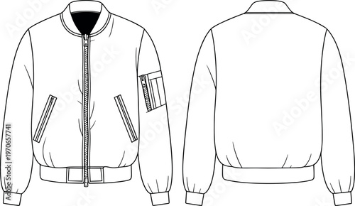 Men’s bomber jacket vector template front and back view, casual flight jacket with zipper closure and sleeve pocket, fashion design technical illustration