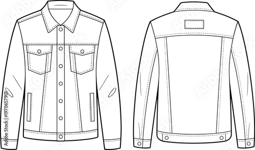Men’s denim jacket vector template front and back view, classic button-up outerwear with flap chest pockets, fashion design technical illustration for apparel production