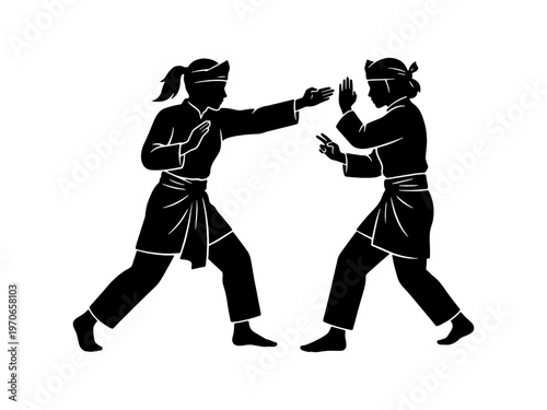Vector illustration of two martial artists in traditional attire performing Pencak Silat sparring moves. A black and white silhouette depicting Southeast Asian cultural combat sport.