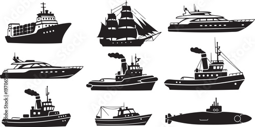 Collection of various ships and boats in black silhouette style