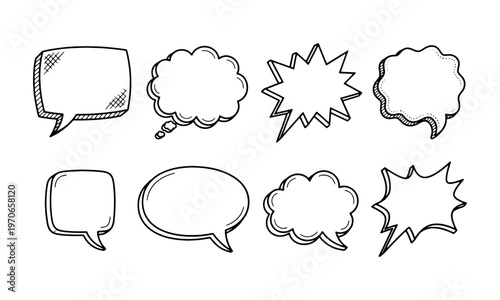 A collection of various hand-drawn speech and thought bubbles. Perfect for comics, graphic novels, social media graphics, and creative presentations.