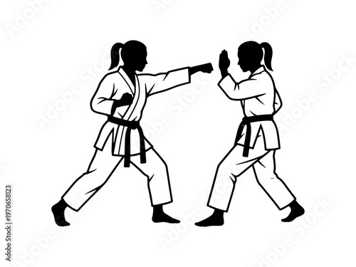 Black and white vector silhouette of two women in karate uniforms practicing sparring and defensive techniques for martial arts training.