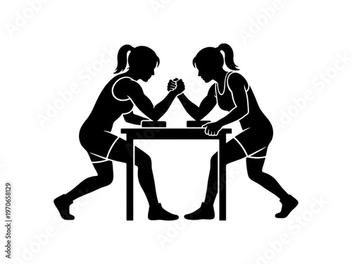 Black silhouette of two strong women competing in an arm wrestling match at a table. Ideal for sports and empowerment themes.