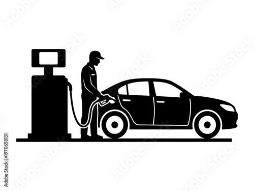 A minimalist black silhouette vector illustration showing a person using a gas pump nozzle to refuel a modern sedan at a service station.