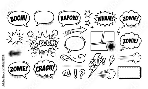 A collection of hand-drawn comic book elements including speech bubbles, action sound effects like Boom and Crash, frames, and dynamic symbols in black and white.