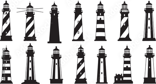 Collection of various lighthouse silhouettes in black and white