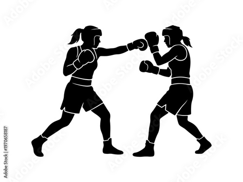 A professional black and white vector silhouette featuring two female athletes engaged in a boxing match or sparring session, wearing protective gloves and headguards.