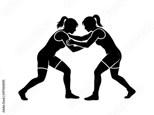 A professional vector silhouette depicting two female athletes competing in a wrestling match. Perfect for sports, fitness, and martial arts themed designs.