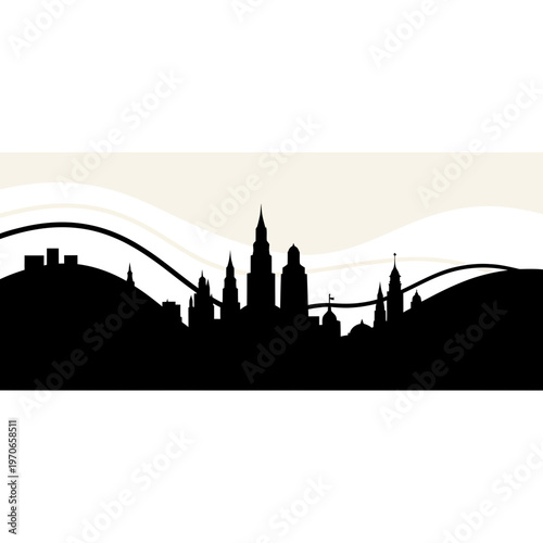 Cityscape Silhouette: A stylized cityscape silhouette, composed of architectural shapes, set against an abstract backdrop of wavy lines. Evoking a sense of urban grandeur and minimalist aesthetics.
