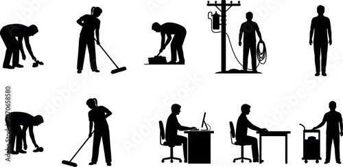 Set of people working silhouettes including cleaner electrician office worker and maintenance staff illustrating various professions and daily work activities vector illustration