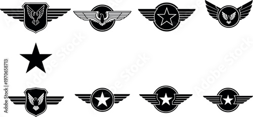 Set of winged badge emblems with stars and eagle symbols in black silhouette style isolated vector illustration for military aviation insignia design