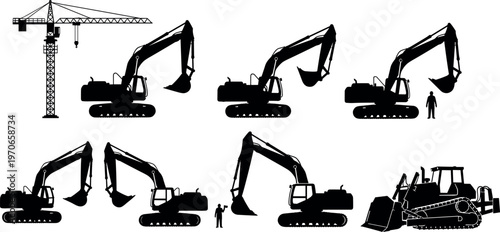 Set of excavator crane and bulldozer silhouettes showing heavy construction machinery equipment industrial engineering vehicles isolated vector illustration for building and construction projects