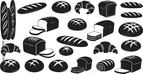 Variety of bread types and shapes in black and white
