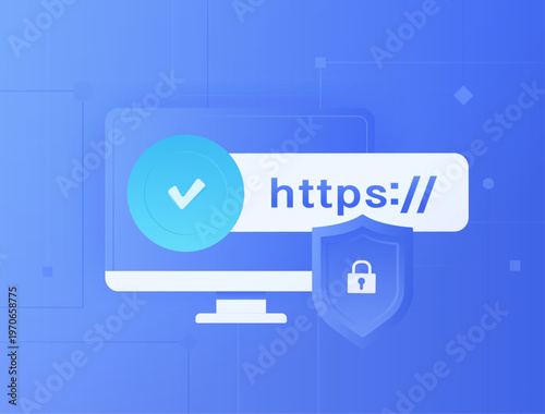 Secure HTTPS connection for website safety, data encryption, privacy protection, SSL certificate validation, AI powered cybersecurity 2026 trends, https digital trust technology vector illustration