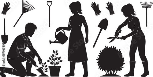 Silhouette of people gardening together with various tools and plants