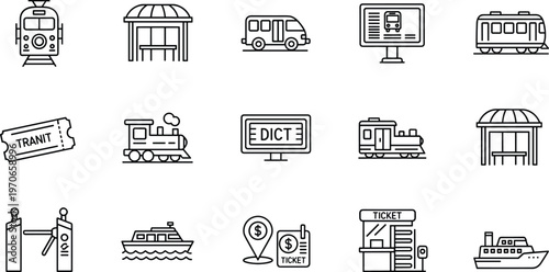 Black and white public transportation icons showing bus, tram, train, ferry, ticket booth, schedule display, and turnstile, minimal travel system illustration for transit design