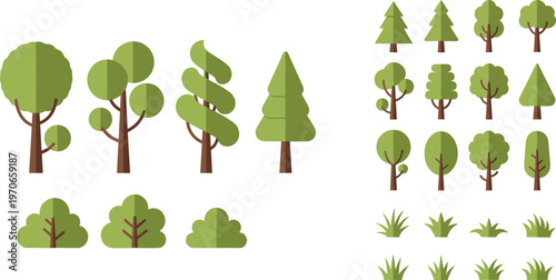 Set of Flat Design Trees, Bushes, and Grass for Nature, Landscape, and Environmental Illustrations
