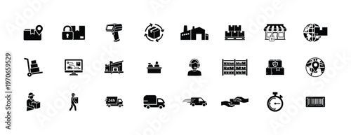 Logistics and warehouse management icons set featuring shipping boxes barcode scanner factory building pallet racks delivery trucks and global distribution symbols for business operations.