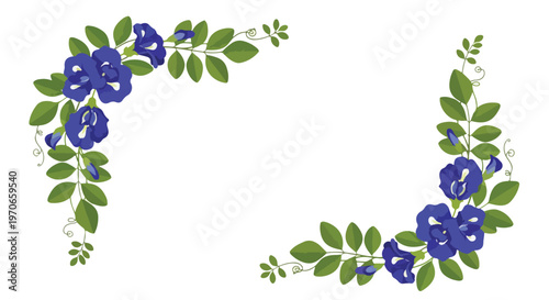 Floral border design with blue flowers and green leaves on a white background in a flat lay composition.